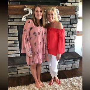 EUC Michael Kors off the shoulder coral blouse, tassel tie, size small